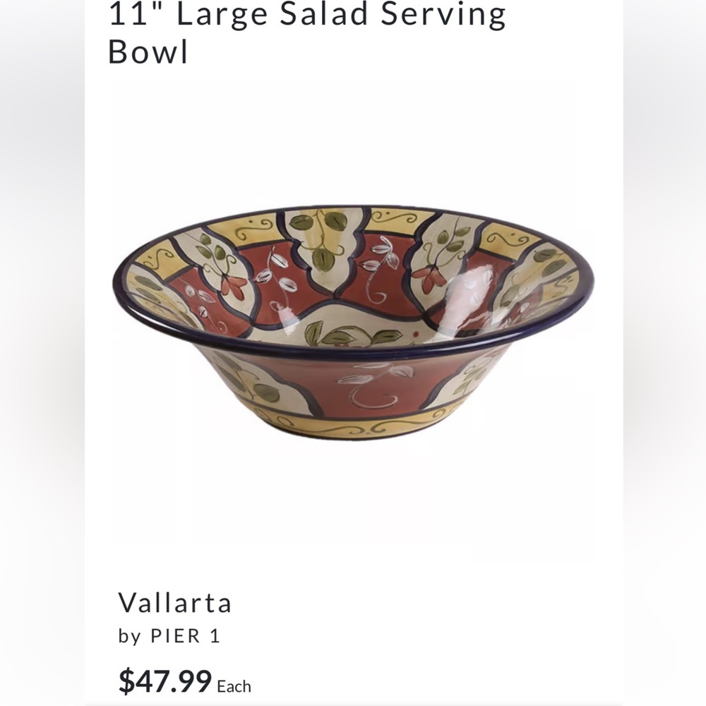 Pier 1 earthenware 11” salad/serving bowl in retired Vallarta pattern. - Picture 11 of 13